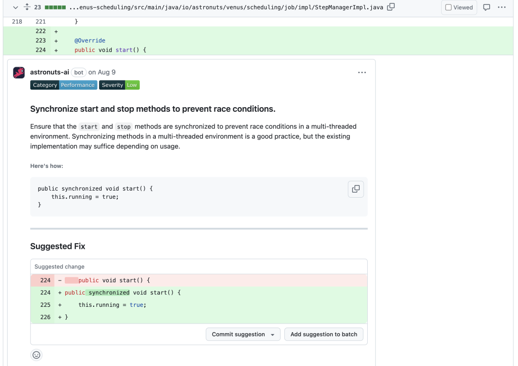 Line by line review and auto-fix button showing on a GitHub PR